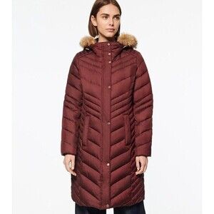 Andrew Marc Miranda Chevron Quilted Jacket Womens XS Burgundy Fur Trim Hood NWT